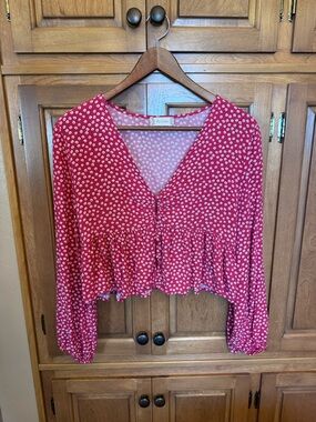 Altar'd State Red Floral V-Neck Peplum Crop Blouse